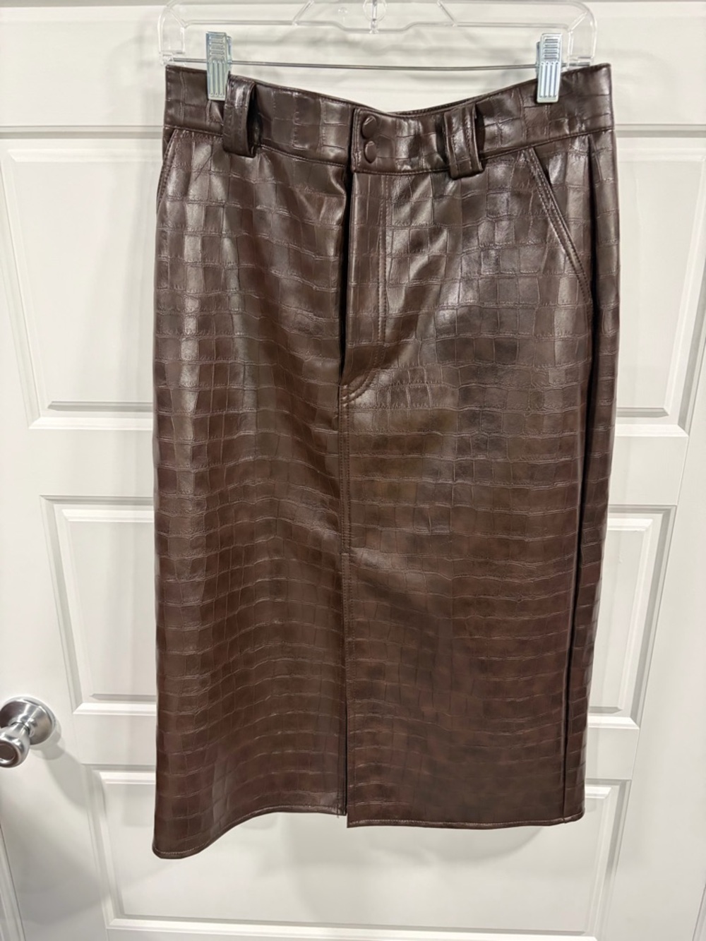 H&M Croc-Embossed Faux Leather Midi Skirt in Dark Brown